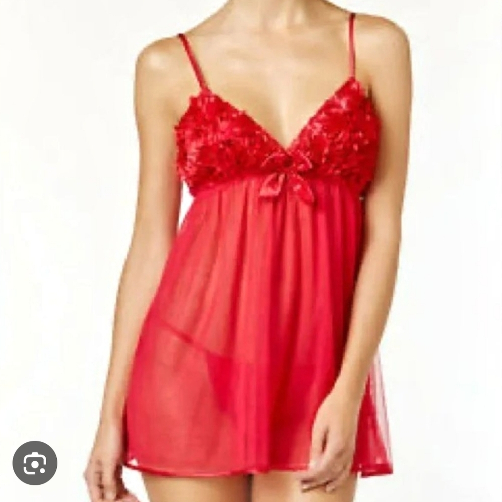 Flora Nikrooz Red Chemise Babydoll 3D Satin Floral Sheer Mesh Sexy Hot Lingerie